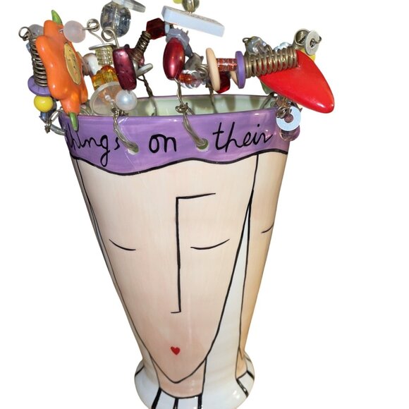 Sandra Magsamen Whimsical Ceramic Vase With Quirky Beaded Rim Mine Charms - Picture 3 of 16